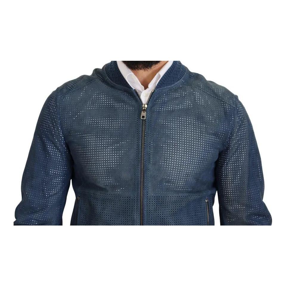 Dolce & Gabbana Blue Leather Perforated Full Zip Jacket