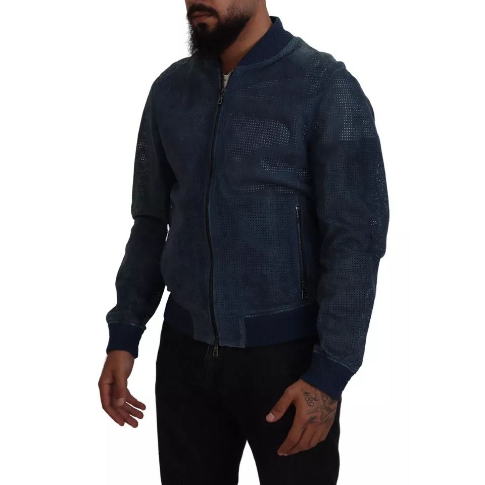 Dolce & Gabbana Blue Leather Perforated Full Zip Jacket