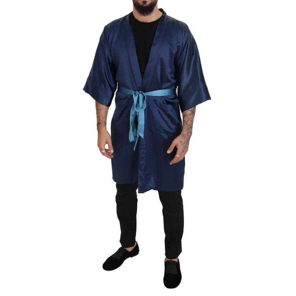 Dolce & Gabbana Blue Satin Silk Waist Belt Robe Jacket