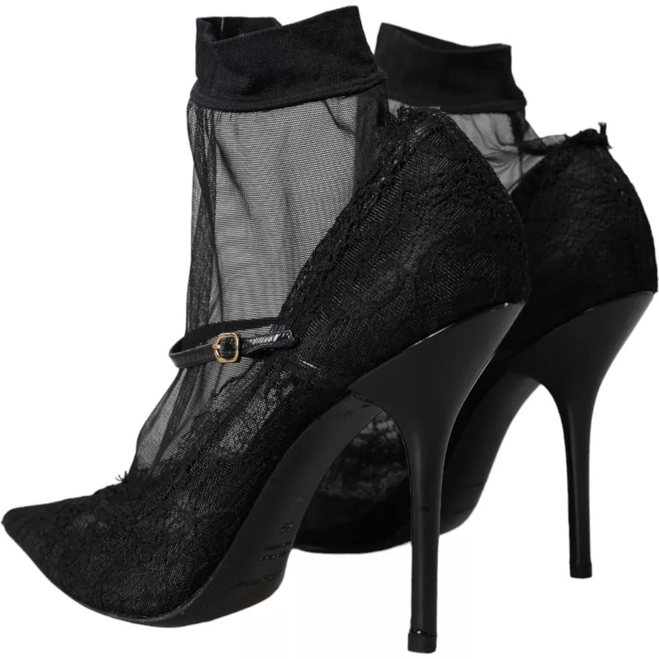 Dolce & Gabbana Black Tulle Stretch Boots Pumps Shoes LA10827-39