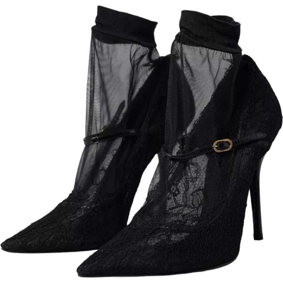 Dolce & Gabbana Black Tulle Stretch Boots Pumps Shoes LA10827-39