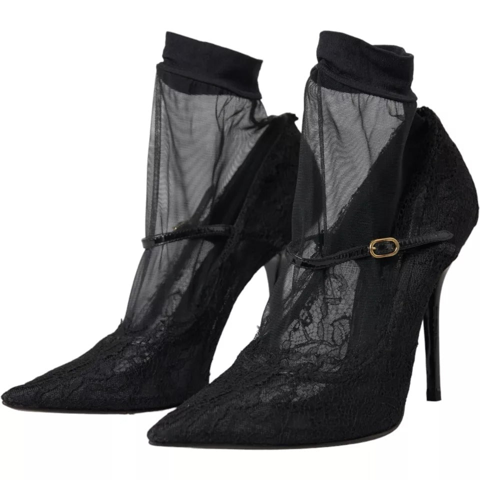 Dolce & Gabbana Black Tulle Stretch Boots Pumps Shoes LA10827-39