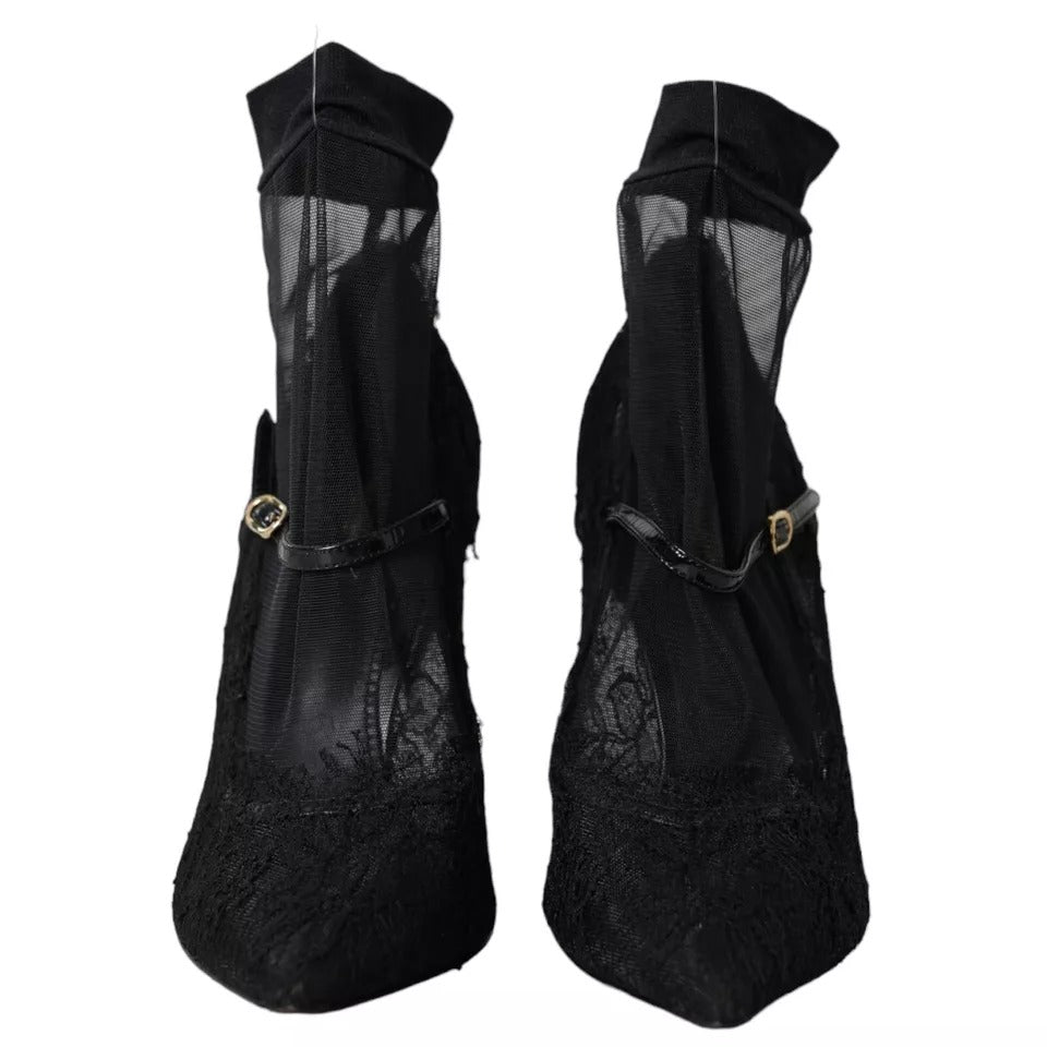 Dolce & Gabbana Black Tulle Stretch Boots Pumps Shoes LA10827-39