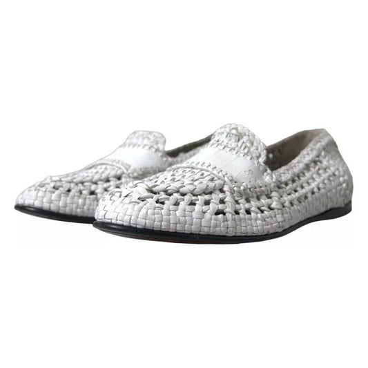 Dolce & Gabbana White Woven Leather Men Slip On Loafers Shoes Dolce & Gabbana Gray
