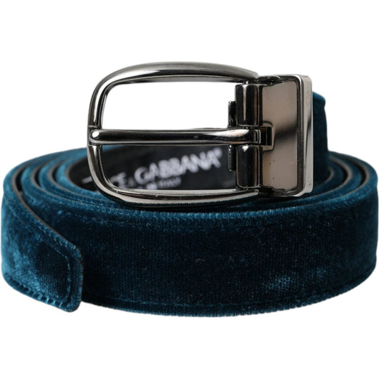 Dolce & Gabbana Blue Velvet Leather Silver Metal Buckle Belt Dolce & Gabbana Black
