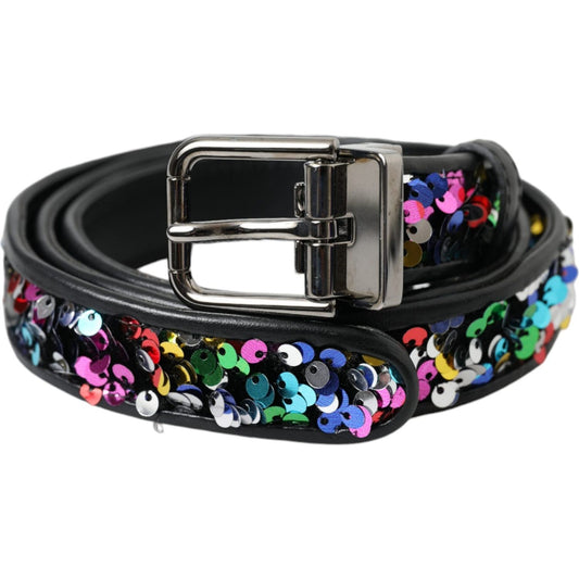 Dolce & Gabbana Black Sequined Silver Metal Buckle Women Belt Dolce & Gabbana Dark Slate Gray