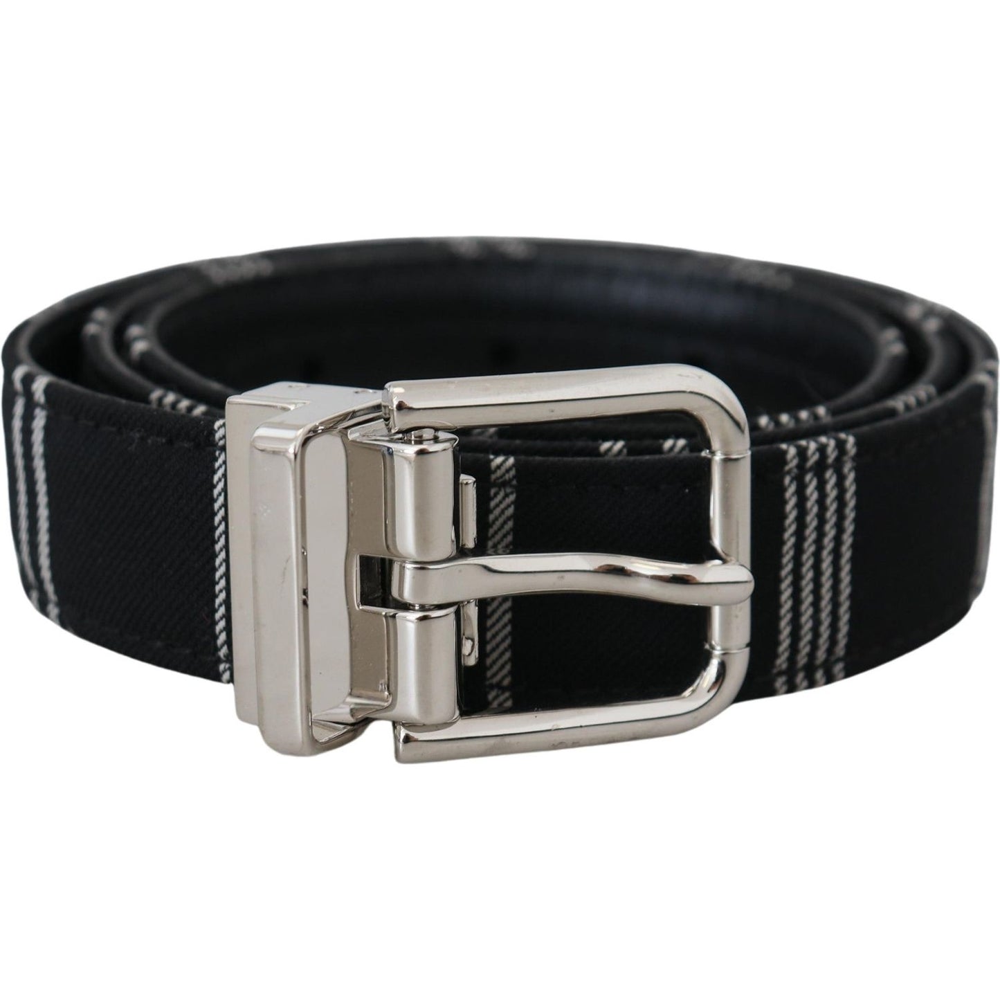 Dolce & Gabbana Black White Cotton Metal Silver Buckle Belt