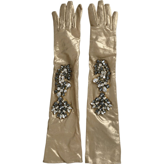Dolce & Gabbana Beige Satin Crystal Elbow Length Gloves Dolce & Gabbana Dim Gray