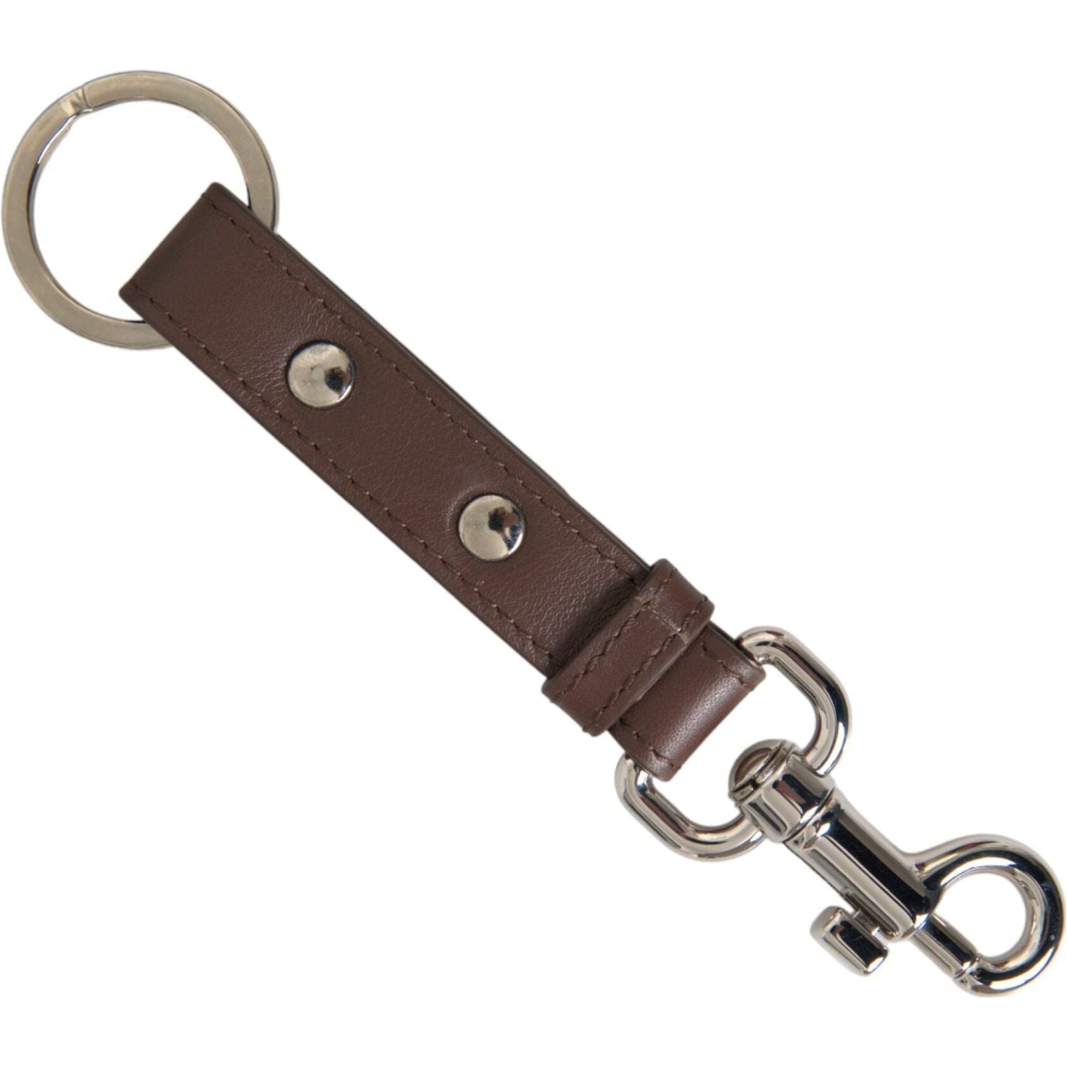 Dolce & Gabbana Brown Plain Leather Silver Brass Keyring Holder Keychain