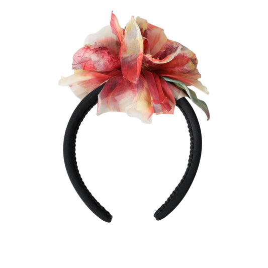 Dolce & Gabbana Rose Pink Silk Floral Black Tiara Women Hairband Diadem