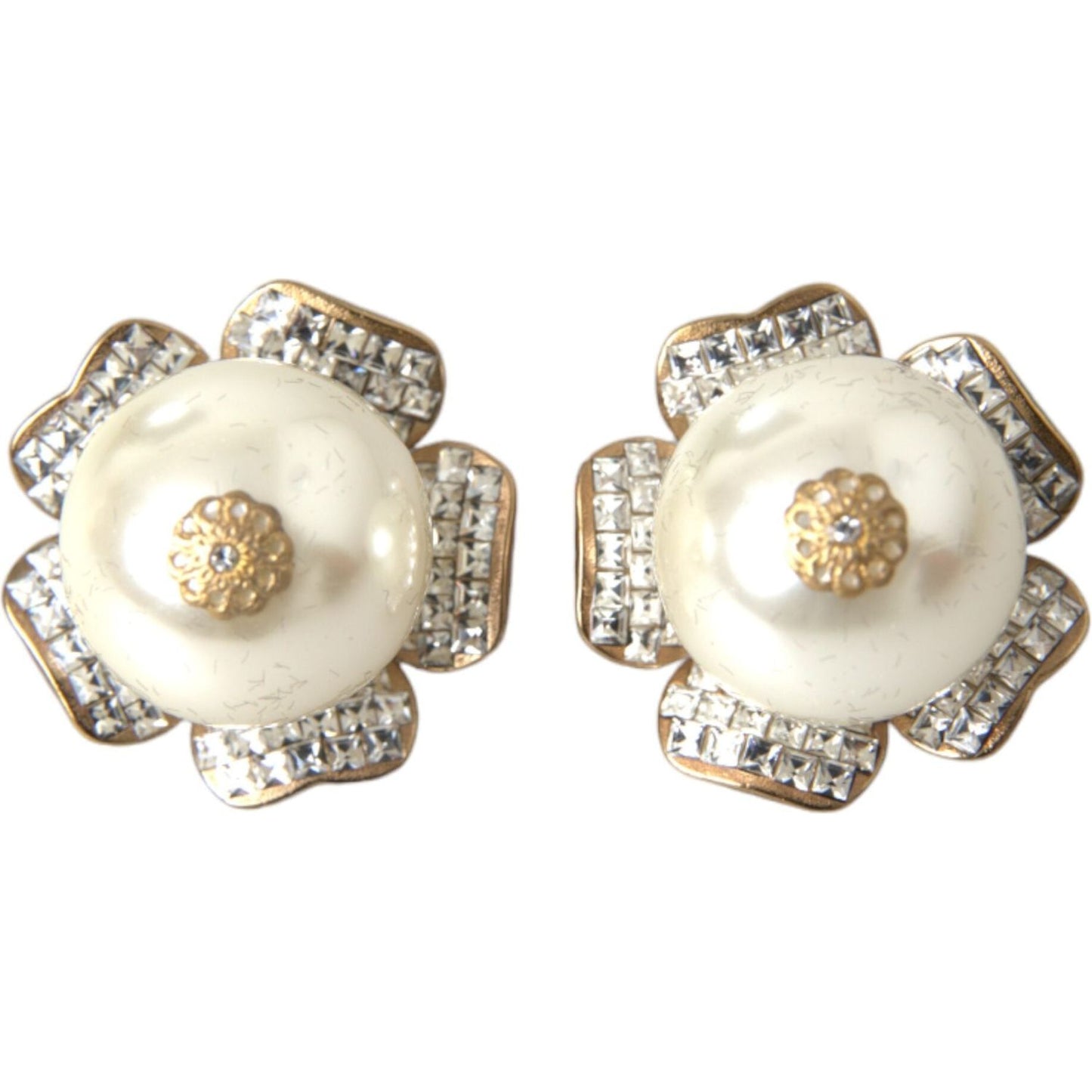 Dolce & Gabbana Gold Tone Maxi Faux Pearl Floral Clip-on Jewelry Earrings