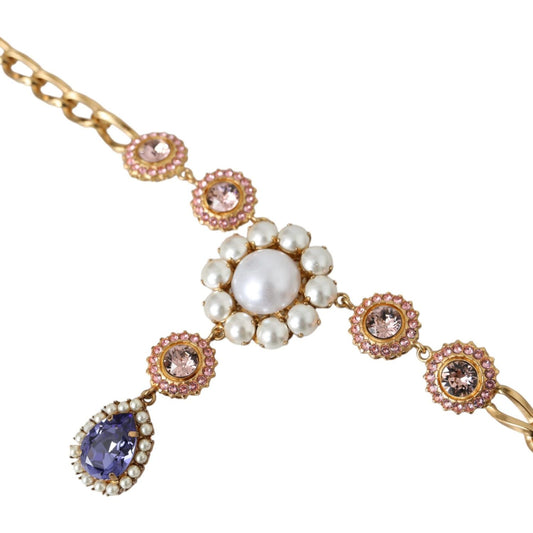 Dolce & Gabbana Gold Brass Crystal Purple Pink Pearl Pendants Necklace Necklace Dolce & Gabbana Rosy Brown