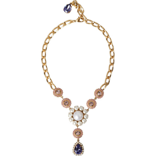 Dolce & Gabbana Gold Brass Crystal Purple Pink Pearl Pendants Necklace Necklace Dolce & Gabbana Rosy Brown