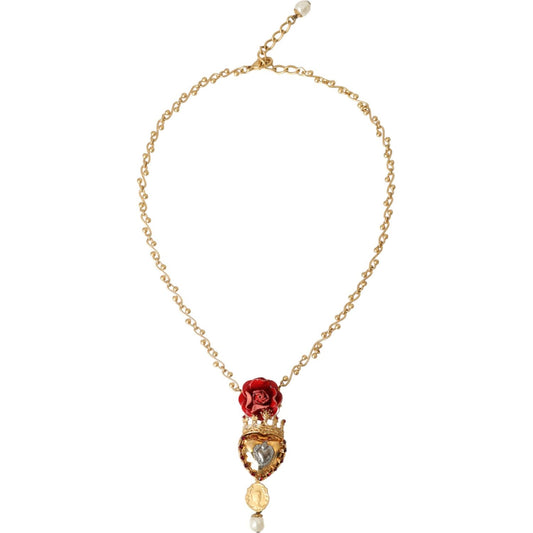 Dolce & Gabbana Gold BrassChain Sacred Heart Rose Crystal Charm Necklace Necklace Dolce & Gabbana Bisque