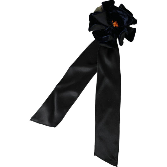 Dolce & Gabbana Black Silk Gold Brass Floral Hair Pin Brooch Brooch Dolce & Gabbana Black