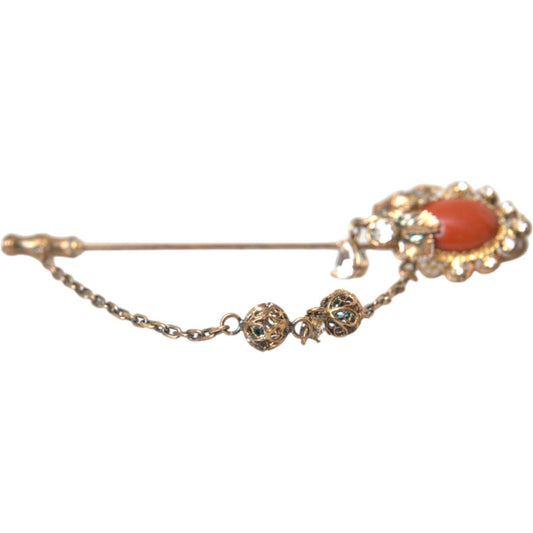Dolce & Gabbana Gold Brass Crystal Chain 925 Sterling Silver Pin Brooch Brooch Dolce & Gabbana Rosy Brown