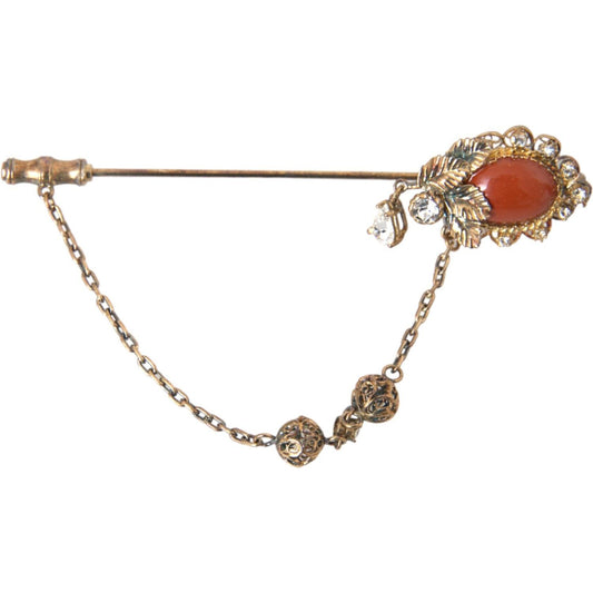 Dolce & Gabbana Gold Brass Crystal Chain 925 Sterling Silver Pin Brooch Brooch Dolce & Gabbana Sienna
