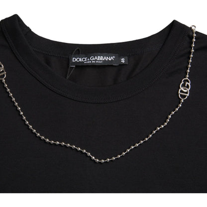 Dolce & Gabbana Black Cotton Silver Chain Short Sleeve T-shirt