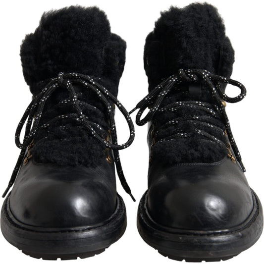 Dolce & Gabbana Black Leather Bernini Shearling Boots Shoes Dolce & Gabbana Black