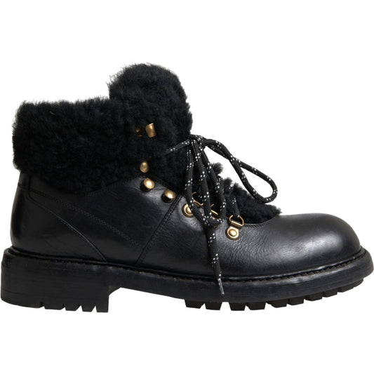 Dolce & Gabbana Black Leather Bernini Shearling Boots Shoes Dolce & Gabbana Black