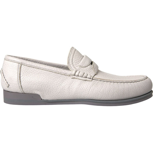 Dolce & Gabbana White Gray Leather Slip Mocassin Shoes Loafer Dolce & Gabbana Light Gray