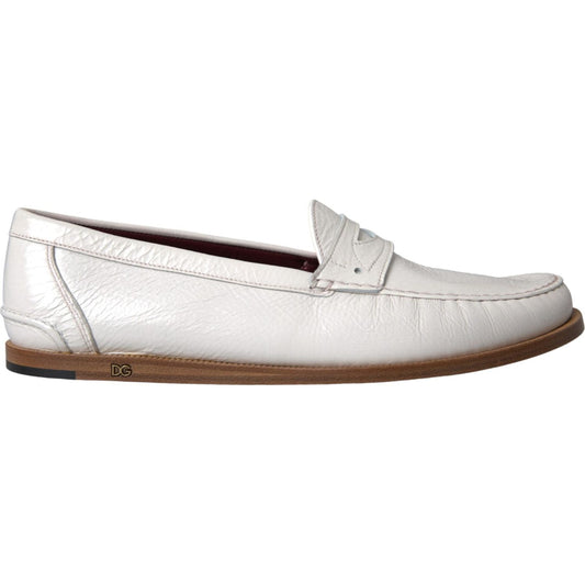 Dolce & Gabbana White Leather Slip On Mocassin Loafers Shoes Dolce & Gabbana Light Gray