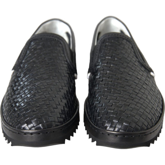 Dolce & Gabbana Black Woven Buffalo Leather Men Loafers Shoes Dolce & Gabbana Dark Slate Gray