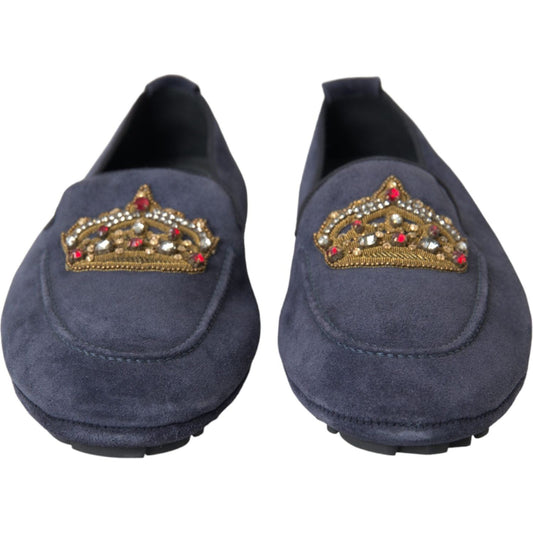 Dolce & Gabbana Blue Leather Suede Crystal Crown Loafers Shoes Dolce & Gabbana Dark Slate Gray