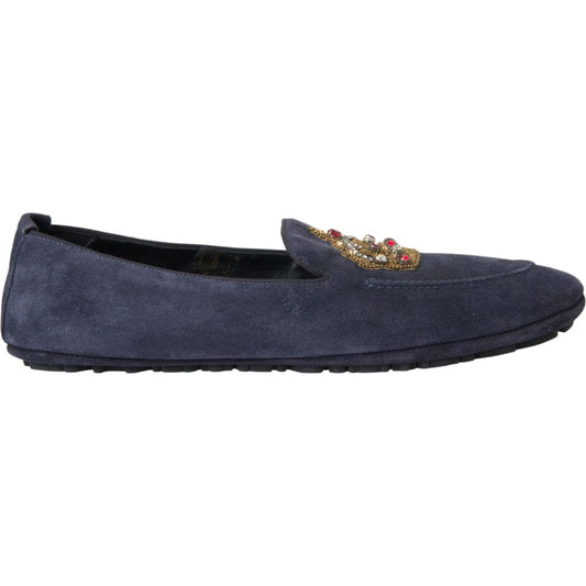 Dolce & Gabbana Blue Leather Suede Crystal Crown Loafers Shoes Dolce & Gabbana Dark Slate Gray