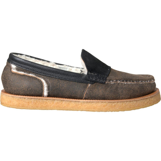 Dolce & Gabbana Brown Black Fur Leather Loafers Men Shoes Dolce & Gabbana Dark Slate Gray