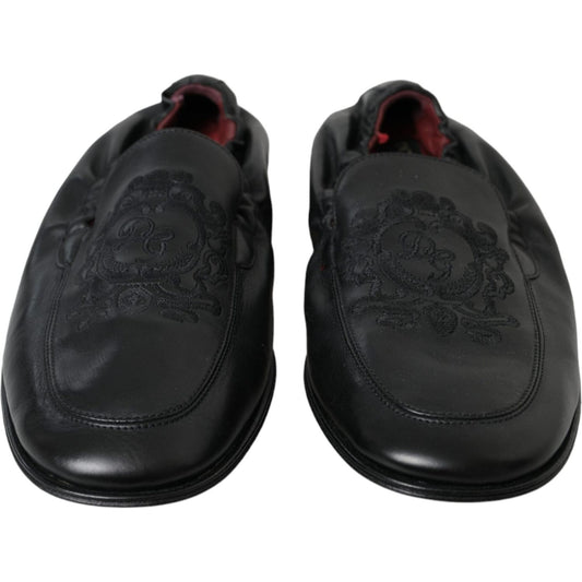 Dolce & Gabbana Black Logo Embroidered Leather Loafer Men Dress Shoes Dolce & Gabbana Dark Slate Gray
