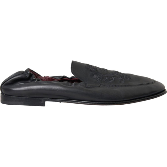 Dolce & Gabbana Black Logo Embroidered Leather Loafer Men Dress Shoes Dolce & Gabbana Dark Slate Gray
