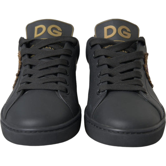 Dolce & Gabbana Black Leather Heart Embellished Sneakers Shoes Dolce & Gabbana Dark Slate Gray