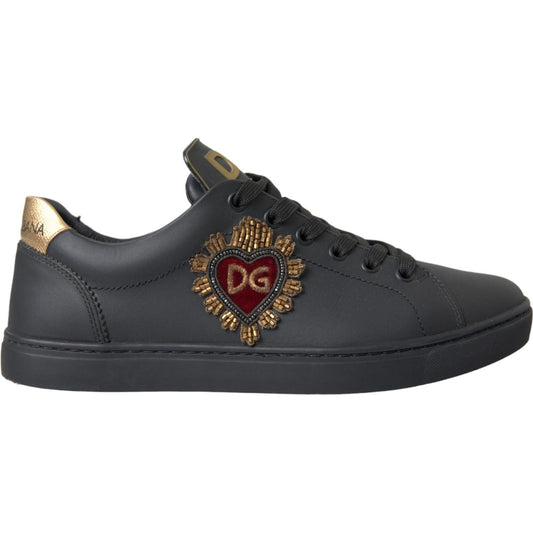 Dolce & Gabbana Black Leather Heart Embellished Sneakers Shoes Dolce & Gabbana Dark Slate Gray