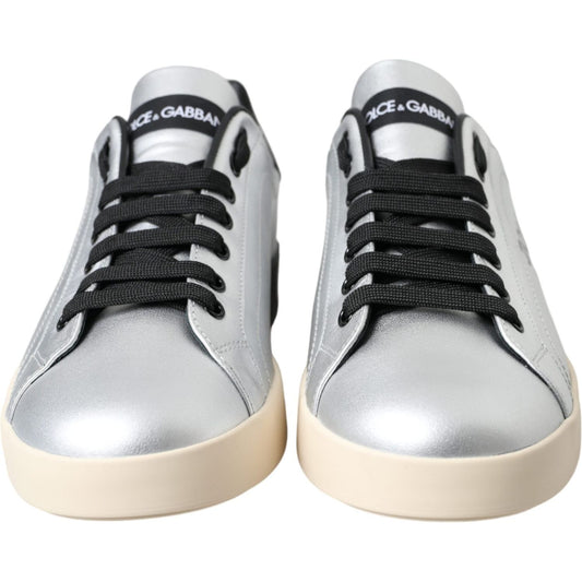 Dolce & Gabbana Silver Portofino Calf Leather Sneakers Men Shoes Dolce & Gabbana Light Gray