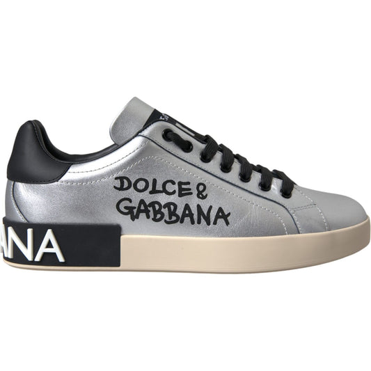 Dolce & Gabbana Silver Portofino Calf Leather Sneakers Men Shoes Dolce & Gabbana Dark Gray