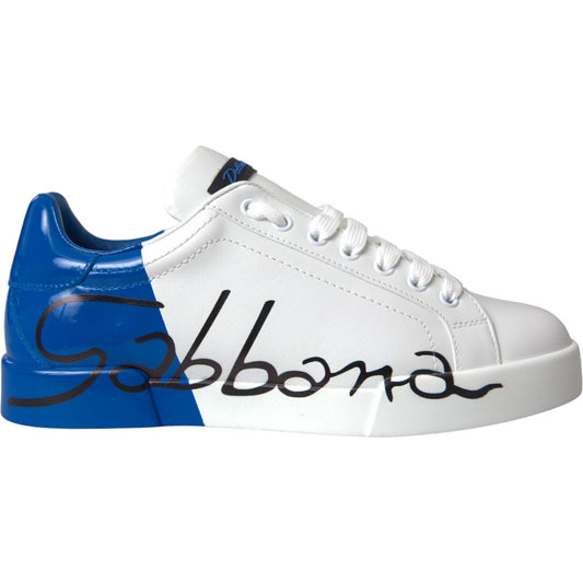 Dolce & Gabbana White Blue Leather Logo Low Top Sneakers Shoes Dolce & Gabbana Light Gray