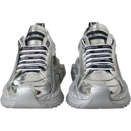 Dolce & Gabbana Silver Leather Super Queen Sneakers Shoes Dolce & Gabbana Dark Gray