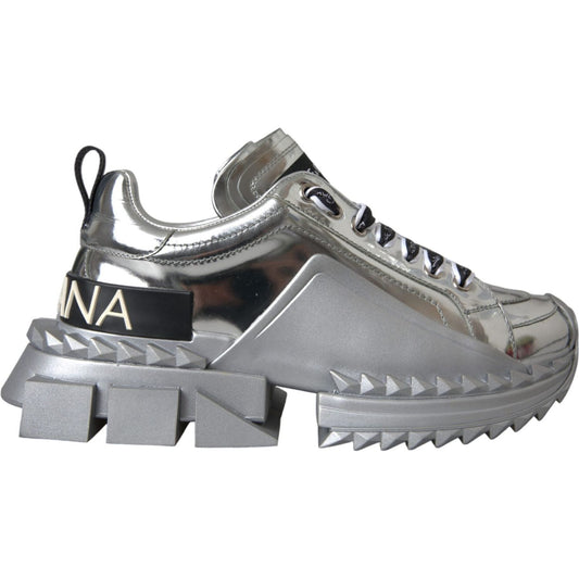 Dolce & Gabbana Silver Leather Super Queen Sneakers Shoes Dolce & Gabbana Light Slate Gray