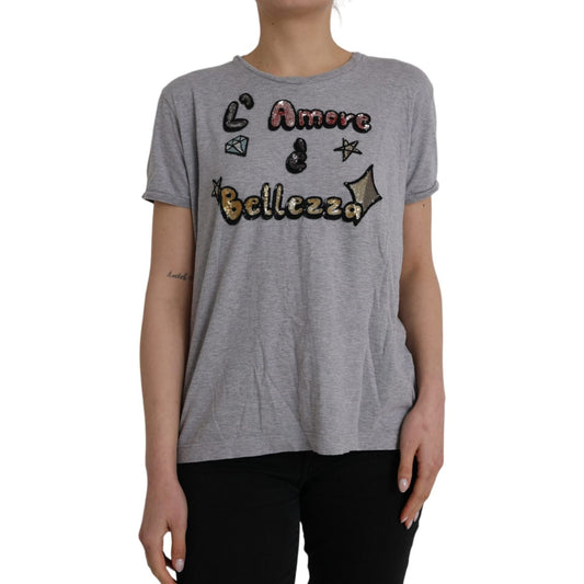 Dolce & Gabbana Gray Cotton L'Amore E'Bellezza Top T-shirt Dolce & Gabbana Slate Gray