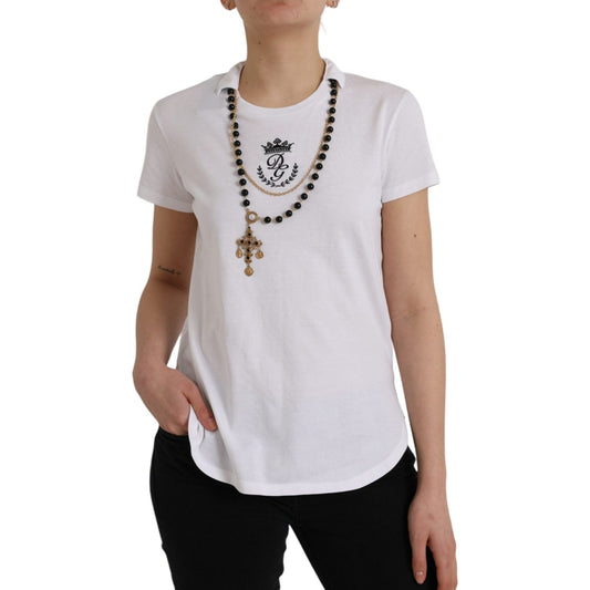 Dolce & Gabbana White Cotton Necklace Short Sleeves T-shirt Dolce & Gabbana Gray