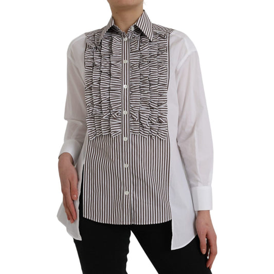 Dolce & Gabbana White Stripes Cotton Long Sleeves Ruffle Collar Top Dolce & Gabbana Gray