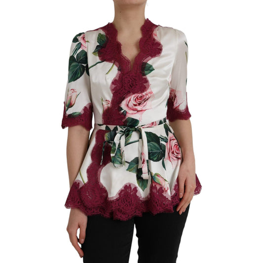 Dolce & Gabbana White Floral Lace Silk Short Sleeves Top Dolce & Gabbana Dark Slate Gray
