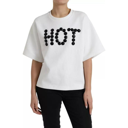 Dolce & Gabbana White Cotton Black HOT Crystal Top T-shirt Dolce & Gabbana Black