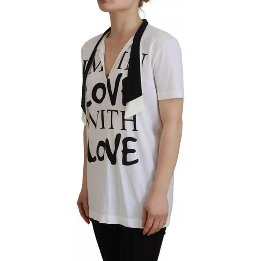 Dolce & Gabbana White Cotton Printed Ascot Collared T-shirt Dolce & Gabbana Dark Gray
