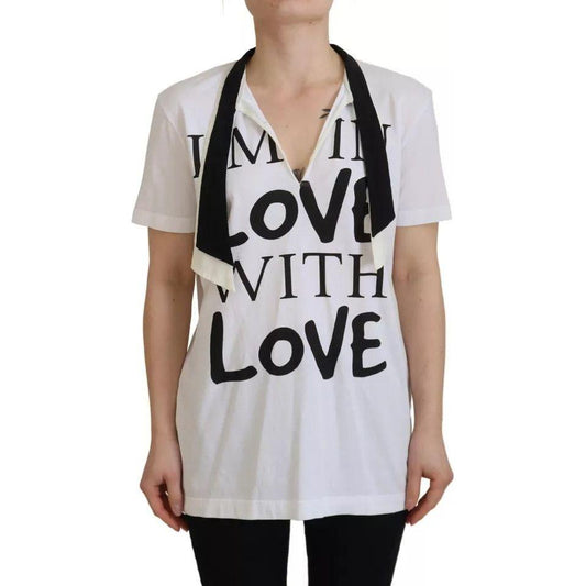Dolce & Gabbana White Cotton Printed Ascot Collared T-shirt Dolce & Gabbana Gray