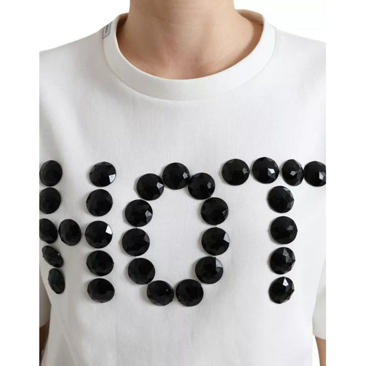 Dolce & Gabbana White Cotton Stretch Black HOT Crystal T-shirt Dolce & Gabbana Light Gray