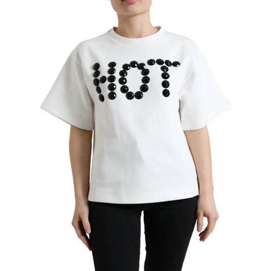 Dolce & Gabbana White Cotton Stretch Black HOT Crystal T-shirt Dolce & Gabbana Black