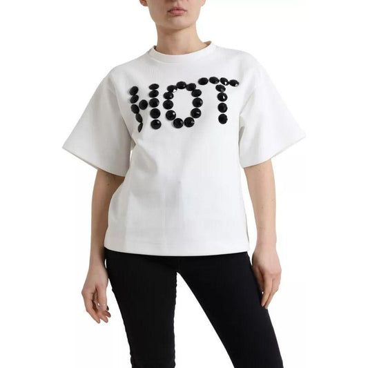 Dolce & Gabbana White Cotton Stretch Black HOT Crystal T-shirt Dolce & Gabbana Black