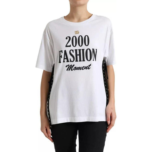 Dolce & Gabbana White Slogan Print Lacing Detailed T-shirt Dolce & Gabbana Black